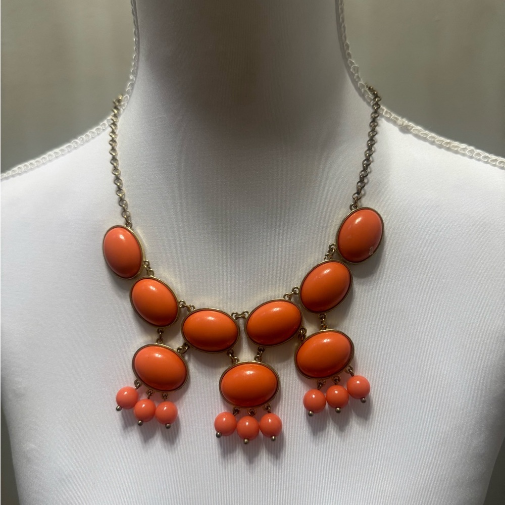 Vintage Orange Statement Bib Necklace Gold Tone Bead Drop 20” Length 3” Extender